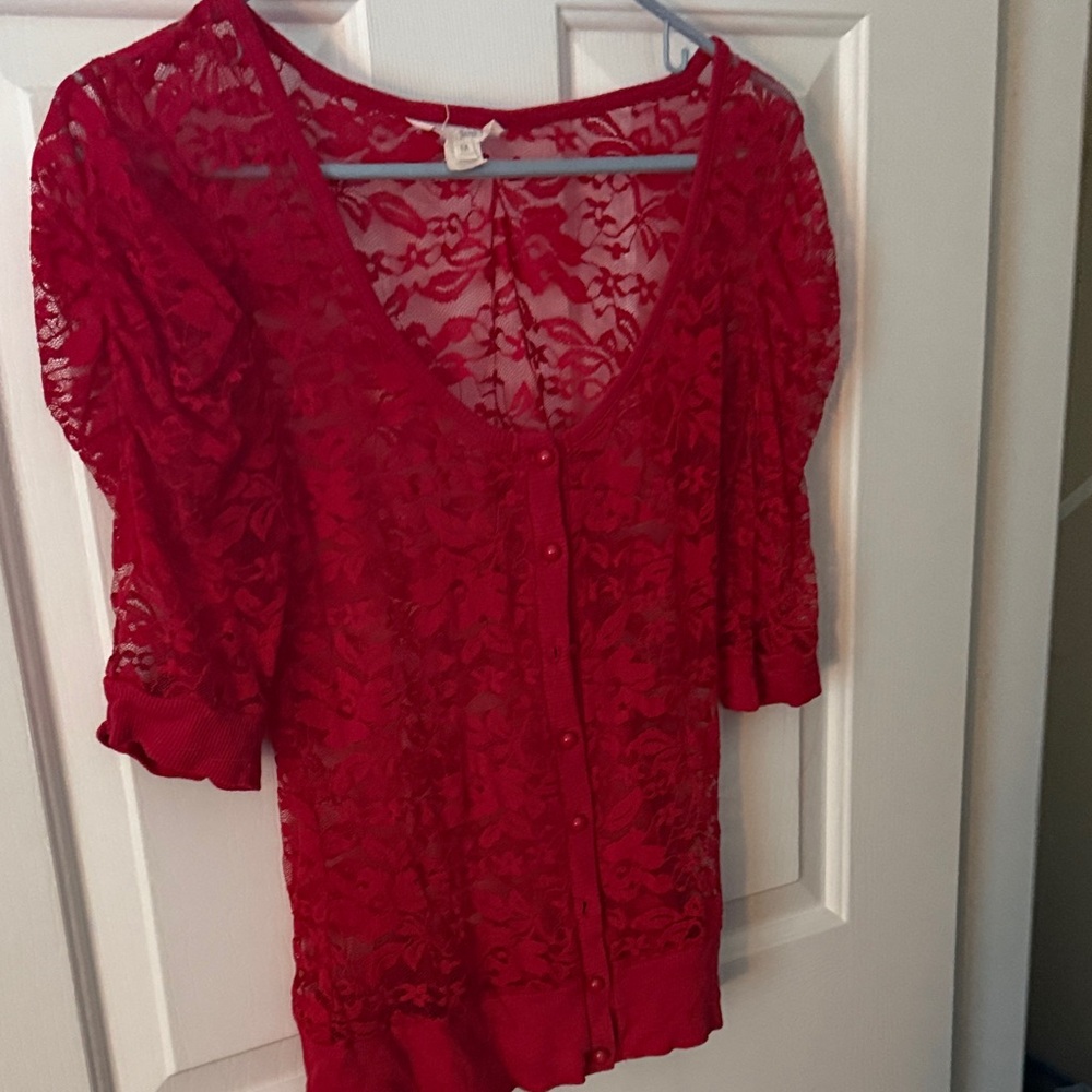 Derek Heart Red Lace Button-Up Blouse
